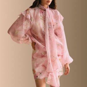 NWT Organza Romantic Floral Semi Sheer Blouse With Ruffled Tie Neck Scarf Design